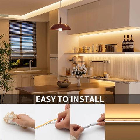 Modern kitchen illuminated with 20 Foot COB LED Strip Light Warm White 3000K with 3087 LEDs High Lumen CRI 90 Plus Ultra Bright Flexible DC 24V Tape for home office DIY lighting, easy installation shown in steps.