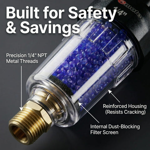 Desiccant Air Dryer System For Pneumatic Tools And HVLP Spray Guns, Removes Oil, Water And Moisture, with blue beads.