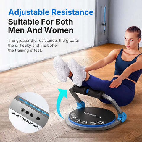 Heavy Duty Ab Machine Featuring Three Adjustable Resistance Settings, user demonstrating adjustable core workout on padded seat.