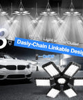 Two Pack Plug In Garage Light 200W 20000LM LED Shop Light Linkable Deformable Ceiling Light shown in dynamic garage scene.