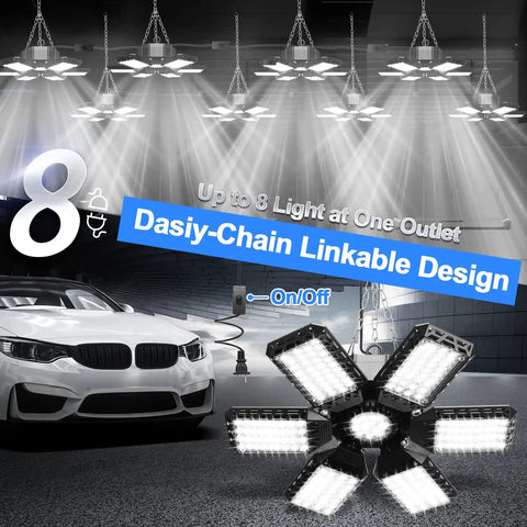 Two Pack Plug In Garage Light 200W 20000LM LED Shop Light Linkable Deformable Ceiling Light shown in dynamic garage scene.