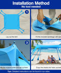 4-step setup of Beach Tent 10 By 10 Ft Portable Shade Shelter with sandbags, aluminum poles, windproof ropes for family beach days.