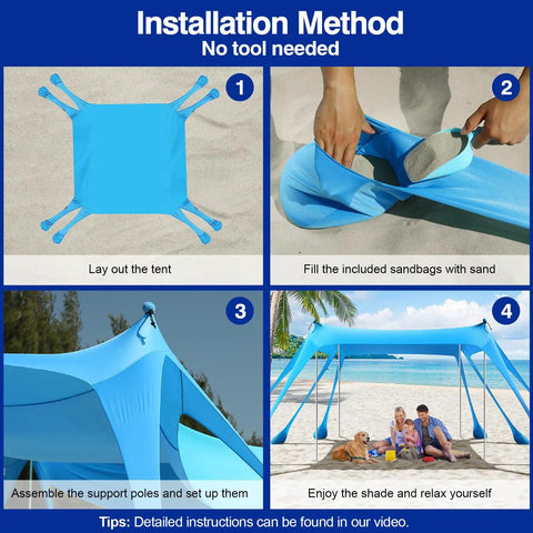 4-step setup of Beach Tent 10 By 10 Ft Portable Shade Shelter with sandbags, aluminum poles, windproof ropes for family beach days.