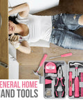 Mini Compact Pink 24 Piece Household Tool Kit With Soft Grip Handles And Slick Carry Case Super Handy DIY Repair Set For Women Apartment Dorm Friendly Home Maintenance Must Have Pretty Dang Good Gear For Quick Weekend Fix Ups At Home seen with tools in a carrying case and a woman laying nearby.