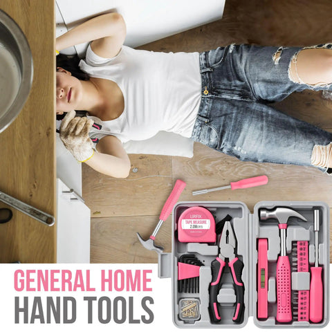 Mini Compact Pink 24 Piece Household Tool Kit With Soft Grip Handles And Slick Carry Case Super Handy DIY Repair Set For Women Apartment Dorm Friendly Home Maintenance Must Have Pretty Dang Good Gear For Quick Weekend Fix Ups At Home seen with tools in a carrying case and a woman laying nearby.