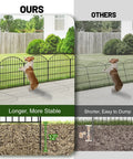 Comparison of rustproof metal garden fence kit with 5 panels and 6 stakes, 28 inch high, 12 inch ground depth, vs shorter fence.
