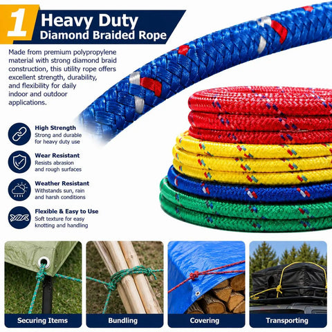 4 Pack 50 Feet Each Three Eighths Inch Polypropylene Rope Heavy Duty All Purpose Utility Line Weather Resistant