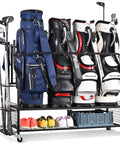 Four Golf Bag Storage Organizer Stand, Extra Large Golf Bag Rack for Garage and Basement, holds bags, clubs, and shoes neatly