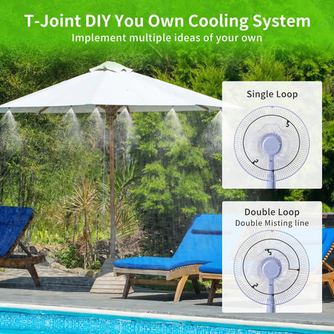 Misting Irrigation Kit For Plants With One Quarter Inch And One Half Inch Tubing setup near poolside with loungers