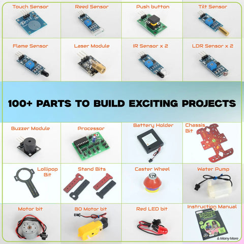 40in1 STEM Robotics Kit For Kids 8 To 12 With 100 Plus Parts And 40 Awesome Projects Build A Door Bell A Fan Controller A Line Following Car A Drawing Robot A Water Dispenser And More For Homeschooling Gift with sensors and parts