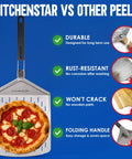 Perforated Pizza Peel 12 Inch With 10 Inch Folding Handle Stainless Steel Spatula Paddle with pizza and comparison chart.