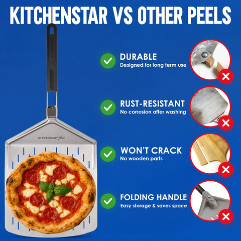 Perforated Pizza Peel 12 Inch With 10 Inch Folding Handle Stainless Steel Spatula Paddle with pizza and comparison chart.