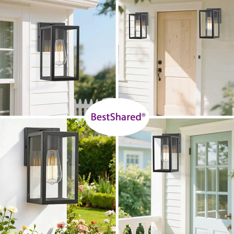 Exterior Wall Lantern Outdoor Sconce For Porch And Patio Lighting, weather resistant black finish on white house walls, 2 pack