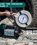 12V Tire Inflator With In Line Pressure Gauge next to off-road tire, showing pressure gauge options and inflation capability
