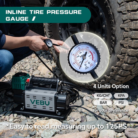 12V Tire Inflator With In Line Pressure Gauge next to off-road tire, showing pressure gauge options and inflation capability