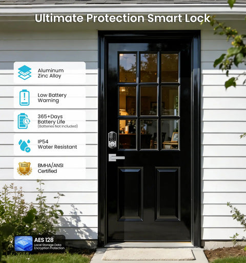 Smart Deadbolt Lock With Dual Lever Handles And Smartphone App Keyless Entry Door Lock Featuring Adjustable Auto Lock LED status indicators on a black door.
