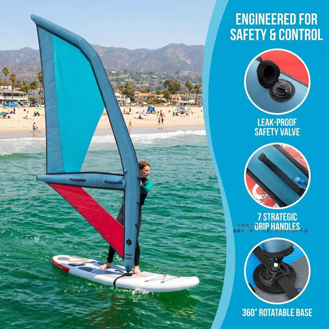 Person using Inflatable Windsurf Wing Foil For Wind Wing Foiling And Surfing Handheld Wing For Water Sports 3.2 Square Meters Blue Durable Polyester With TPU Coating For Easy Setup And Rugged Ocean Fun on water.