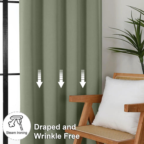 Ava Sage Green Blackout Curtains For Bedroom 2 Panels Set 40 Inch Wide By 63 Inch Long Rod Pocket Or Clip Style next to chair