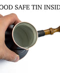 Top view of Copper Turkish Armenian Coffee Pot Maker With Wooden Handle 7.6 Fl Oz Cezve Jezve Ibrik Jazve, showing food-safe tin interior.