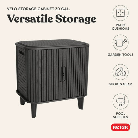 Velo 30 Gallon Outdoor Storage Cabinet with weather resistant resin construction in graphite wood-look finish, front view