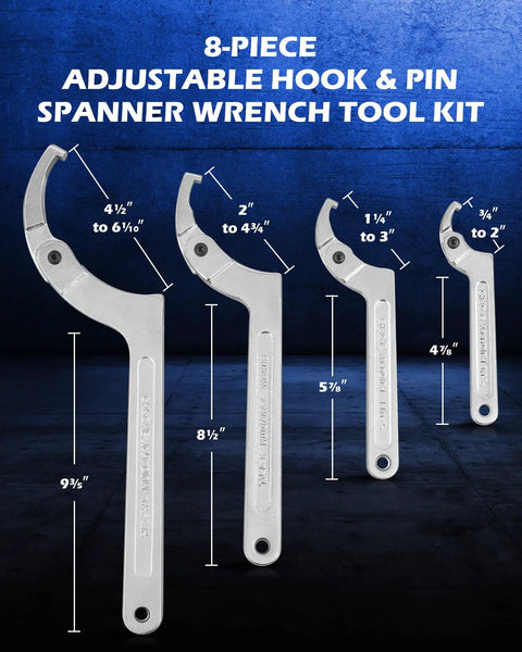 All-In-One Adjustable Pin Spanner Wrench Set With Changeable Heads For Pipes, Heating, Cars And Suspension, four wrenches displayed