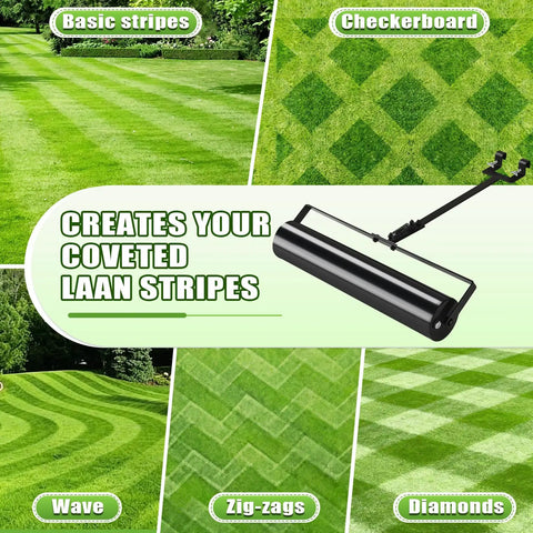 Image showing lawn striping patterns: basic stripes, checkerboard, waves, zig-zags, and diamonds using Heavy Duty Lawn Striping Kit With Easy Fill Water Port And Steel Roller For Walk Behind Mowers Compatible With LM2100 Series Create Sharp Lawn Stripes Like A Pro.