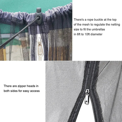 Close-up of zipper and rope buckle on 15ft Double Sided Mosquito Netting For Patio Umbrellas With Double Zippers, Water Resistant Bottom