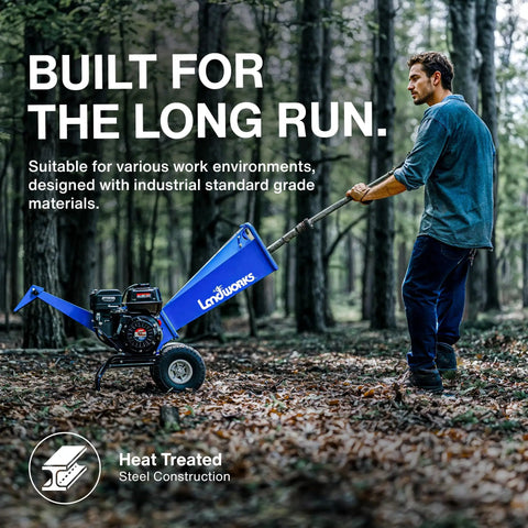 Person using Beast 7HP Gas Powered Wood Chipper Shredder Mulcher For Yards Heavy Duty 3 Inch Max Capacity in forest
