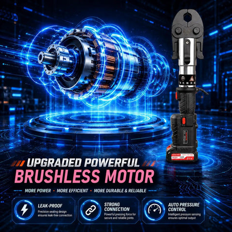 21V Mini Copper Press Tool Electric Pro Battery Powered Handheld Crimping Device with brushless motor design and tech visuals.