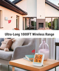 Longest Range Wireless Indoor Outdoor Thermometer With Sensor And Humidity Monitor 1000 Ft RF Tech For Real Time Temperature And Humidity Readings Easy Setup No Fuss Monitoring Crystal Clear Readings, digital display on table