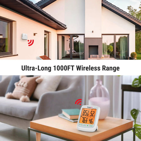 Longest Range Wireless Indoor Outdoor Thermometer With Sensor And Humidity Monitor 1000 Ft RF Tech For Real Time Temperature And Humidity Readings Easy Setup No Fuss Monitoring Crystal Clear Readings, digital display on table