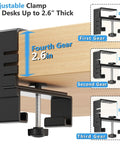 Adjustable clamp for No Drill Under Desk Cable Management Tray with measurements for desks up to 2.6 inches thick.