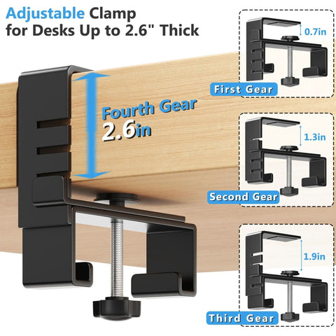 Adjustable clamp for No Drill Under Desk Cable Management Tray with measurements for desks up to 2.6 inches thick.
