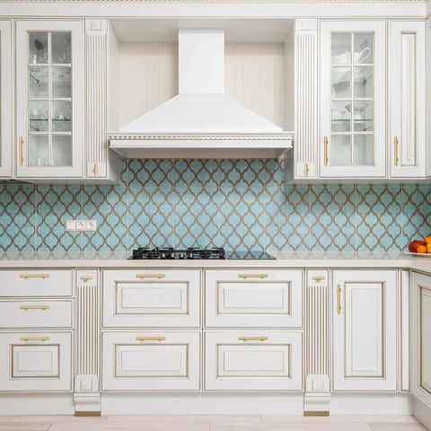 Kitchen cabinets with 6-Pack Solid Brass Cabinet Pulls in Brushed Gold Finish, modern furniture hardware.