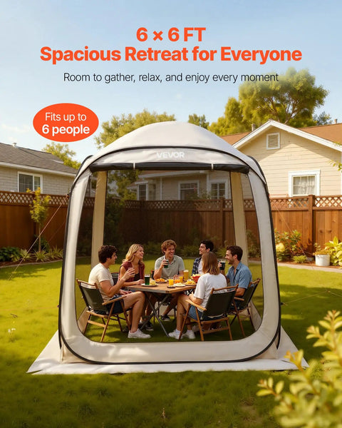 6x6 Ft Pop Up Screen Tent For 4 To 8 People Portable Screen Room Gazebo with netting and carrying bag in a backyard setting.