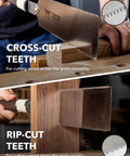 Pro Grade Japanese Pull Saw With Dual Rip And Crosscut Blades demonstrating cross-cut and rip-cut teeth on wood.