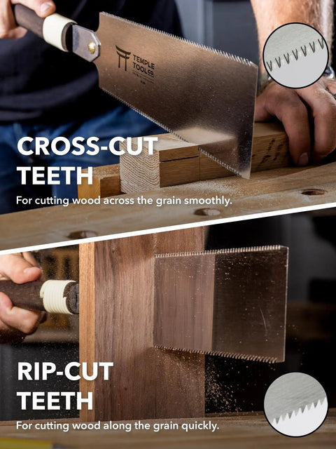 Pro Grade Japanese Pull Saw With Dual Rip And Crosscut Blades demonstrating cross-cut and rip-cut teeth on wood.