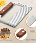 Crinkle cutter with wooden handle and stainless steel blade for slicing potatoes and vegetables