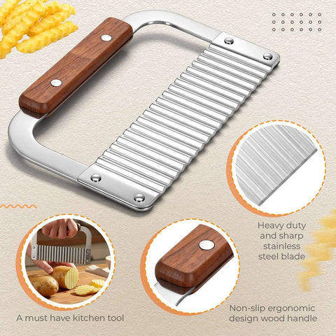 Crinkle cutter with wooden handle and stainless steel blade for slicing potatoes and vegetables