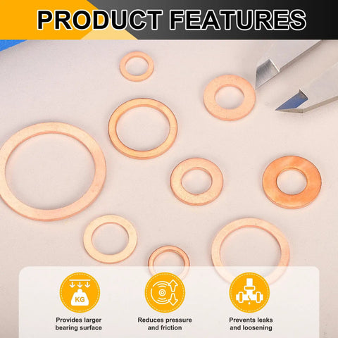 Heavy Duty Top Tier Copper Flat Washers M22 Drain Plug Gaskets 22mm Id 28mm Od 1.5mm Thick 14 Pack on a surface, showcasing various sizes.