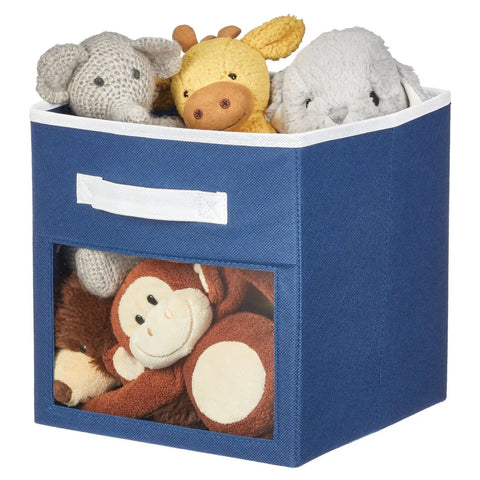 Blue storage bin with front handle and clear window holding stuffed animals, showcases Fabric Nursery Closet Storage Bin Set With Front Handle And Window 6 Pack For Cube Shelving Units Organizes Toys Clothes Diapers Bibs In Gray And White.