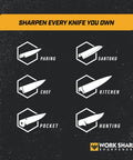 Illustration of knife types: paring, Santoku, chef, kitchen, pocket, hunting with 'Sharpen Every Knife You Own' text, by Work Sharp.