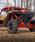 Heavy Duty Boxed Rear Radius Arms Kit For Can Am Maverick X3 72 Inch Turbo X RC MR RS MAX - Complete 6 Rod Set In Red With Reinforced Pivot Joints And Five Eighths Heim Joints For Strength And 100 Percent Fitment Guaranteed, red rear suspension on UTV