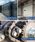 Collage with sliding gates, garage doors, and go-kart chain, showcasing applications for Beefed-Up Size 50 Roller Chain For Heavy Duty Machinery.