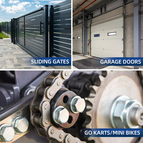 Collage with sliding gates, garage doors, and go-kart chain, showcasing applications for Beefed-Up Size 50 Roller Chain For Heavy Duty Machinery.
