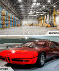 Two Pack Dope LED Corn Light Bulbs 60W Equivalent To 500W used in a warehouse and garage setting, showcasing storage and a red sports car.