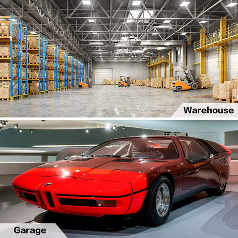 Two Pack Dope LED Corn Light Bulbs 60W Equivalent To 500W used in a warehouse and garage setting, showcasing storage and a red sports car.