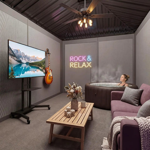 Cozy indoor room with a sofa, television, electric guitar, and a woman relaxing in a hot tub, featured under a 'Rock & Relax' sign.