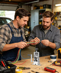 Heavy Duty Manual Wire Stripping Machine With Adjustable Hand Crank in use by two men at workshop, stripping insulation from wires.