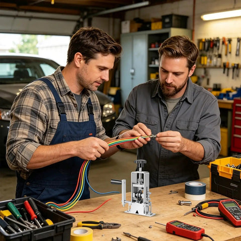 Heavy Duty Manual Wire Stripping Machine With Adjustable Hand Crank in use by two men at workshop, stripping insulation from wires.